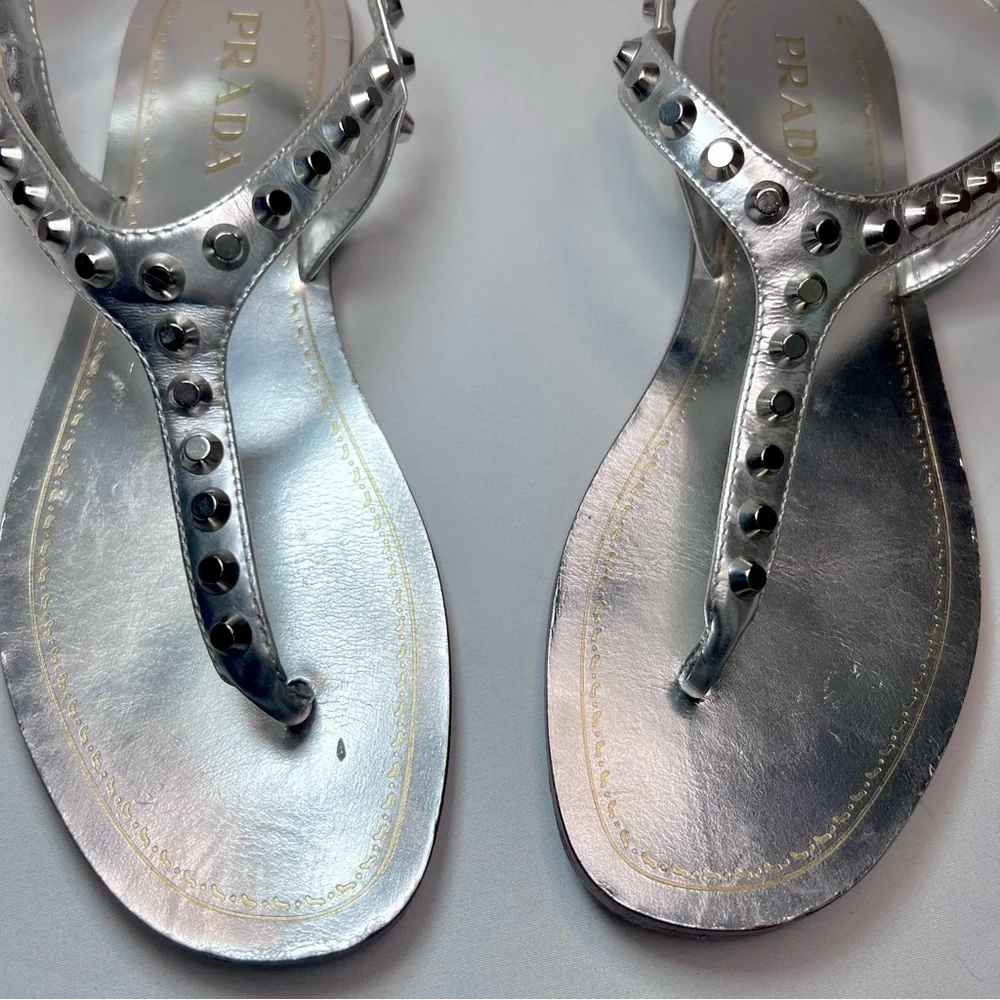 Prada silver metallic Calzature Donna capri studded T strap sandals - Picture 8 of 15
